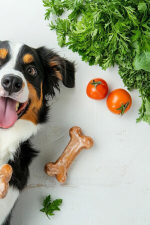 Dog chewing on raw bones, surrounded by fresh vegetables, showing the natural approach to health and wellness raw dog food, wellness, healthy bones