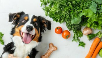 Dog chewing on raw bones, surrounded by fresh vegetables, showing the natural approach to health and wellness raw dog food, wellness, healthy bones