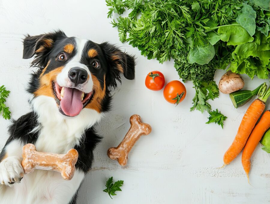 Dog chewing on raw bones, surrounded by fresh vegetables, showing the natural approach to health and wellness raw dog food, wellness, healthy bones